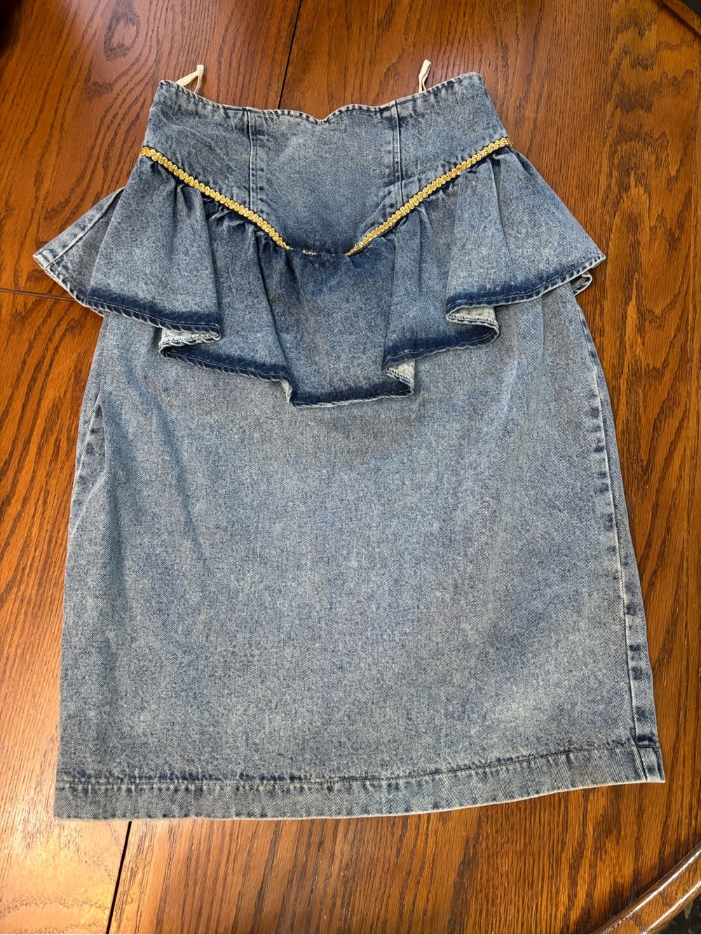 Vtg 80s 90s Joni Blair womens juniors 7 denim jean skirt flared peplum ruffle